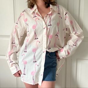 Flamingo Print Button Down Shirt - Pink & White